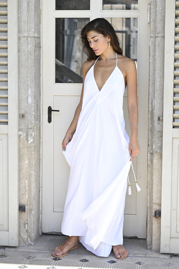 Open Back White Maxi Dress Boho Maxi Dress halter Dress wedding Dress summer Dress Bohochic Etsy