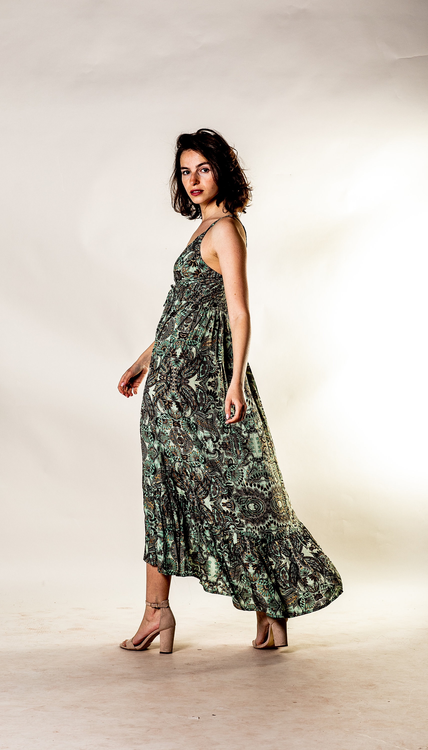 Asymmetrical boho green dress | V neck summer dress | Hippie floral dress