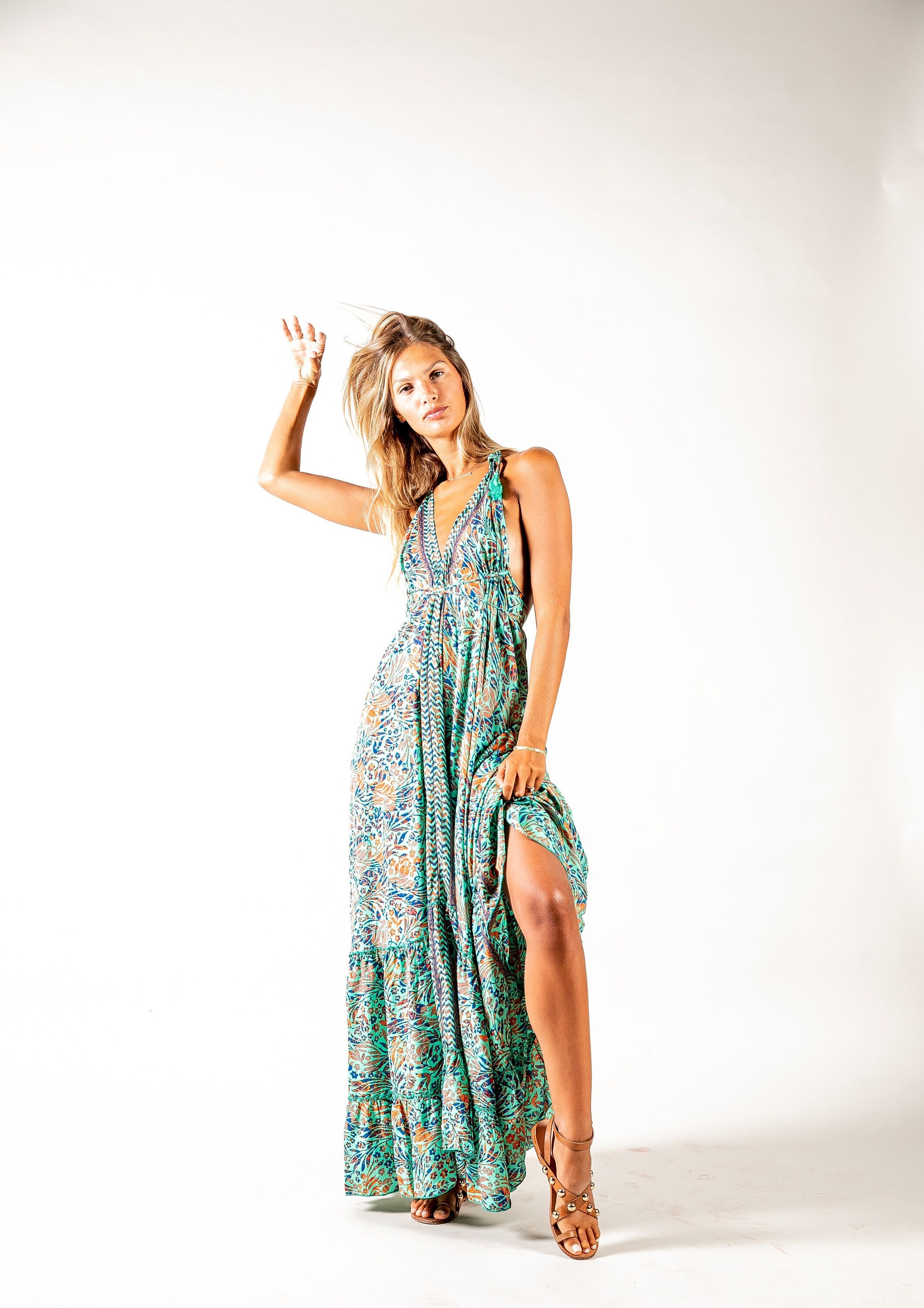 Open Back Boho Maxi Dress in Floral Print Beach Dress Vacation