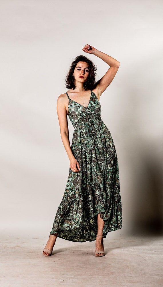 Asymmetrical boho green dress | V neck summer dress | Hippie floral dress Asymmetrical boho green dress | V neck summer dress | Hippie floral dress