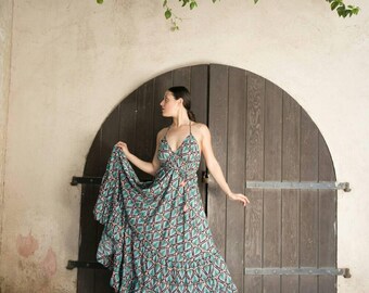 Boho printed maxi dress/v halter dress/open back maxi dress/blue long dress/boho chic/frills dress/festival/resort/beach/wedding