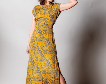 Vestido largo bohemio amarillo para mujer con mangas cortas / Vestido con abertura / Vestido largo de verano