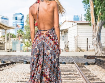 Boho maxi dress in tribal print/women&#39;s summer dress/royal bohemian/resort collection/long dress/festival clothing/halter dress/sexy dress