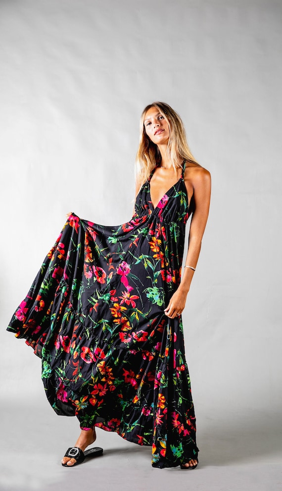 Long Floral Boho Dress for Woman With Deep Open Back / Black Maxi Dress / Bohemian Dresses / Prom Dress / Summer Dress /hippie Festival Rave - Etsy