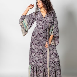 Wrap around maxi dress in floral print Green maxi dress Gray-purple bohemian long kaftan with bell sleeves Deep v neck Maternity rave image 8