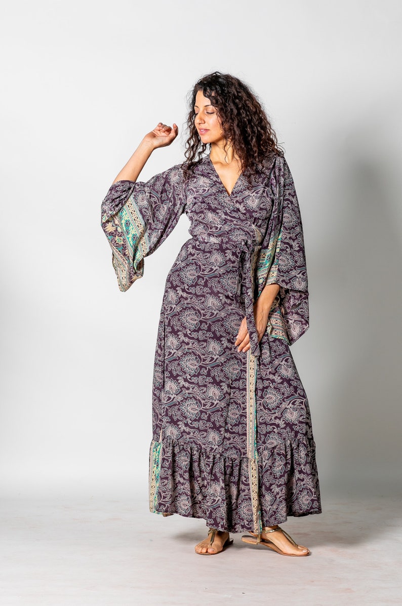 Wrap around maxi dress in floral print Green maxi dress Gray-purple bohemian long kaftan with bell sleeves Deep v neck Maternity rave image 8