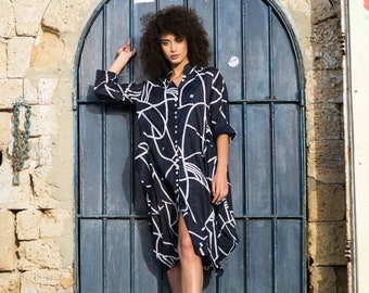 Vestido de viscosa talla grande para mujer / Azul / Blanco y negro / vestido de botón / vestido suelto ligero / vestido casual / vestido clásico / midi / Túnica
