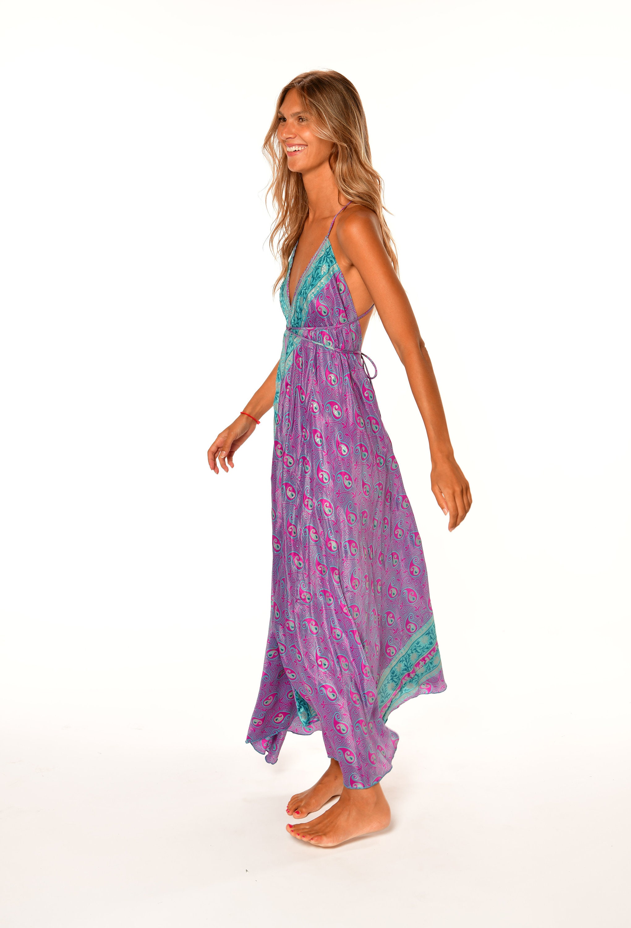 Blue and Purple Boho Silk Dress for Woman Open Back Slip Etsy