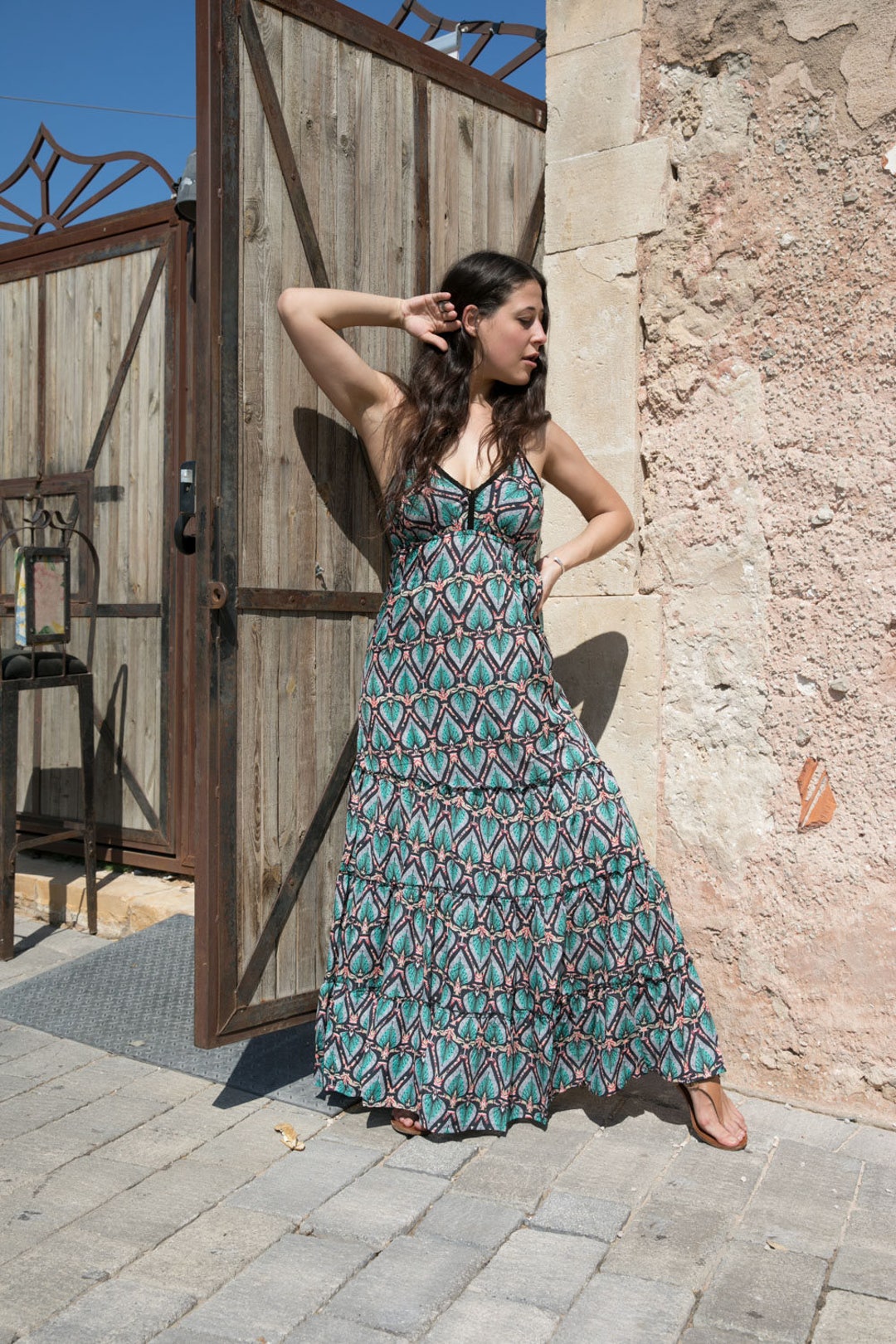 Blue Green Boho Maxi Dress in Tribal Print | Halter Dress