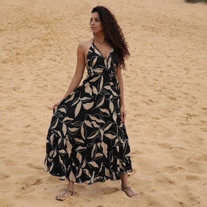 Boho black maxi dress for woman in beige floral print/women's summer dress/resort collection/long dress/festival clothing/halter dress/sexy image 1