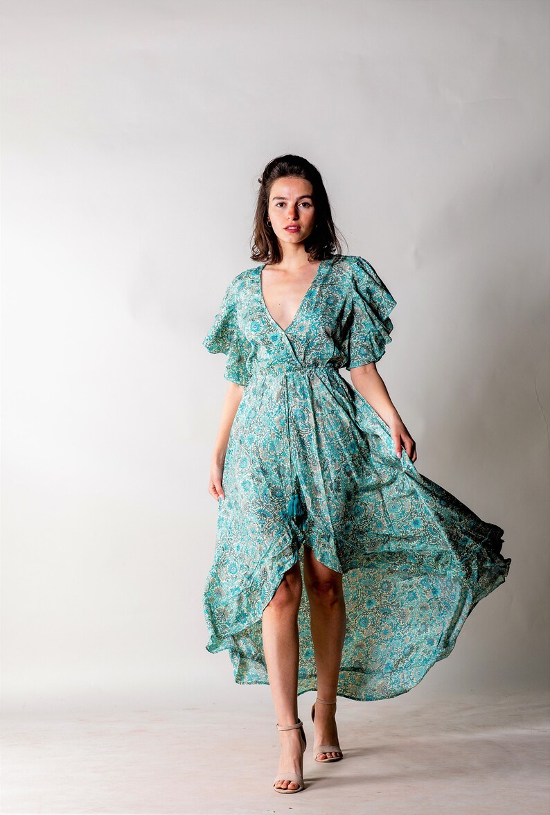 Asymmetrical boho summer dress for woman Green / Blue floral dress Hippie fesrtival dress for vacation. Long boho dress with sleeves image 7