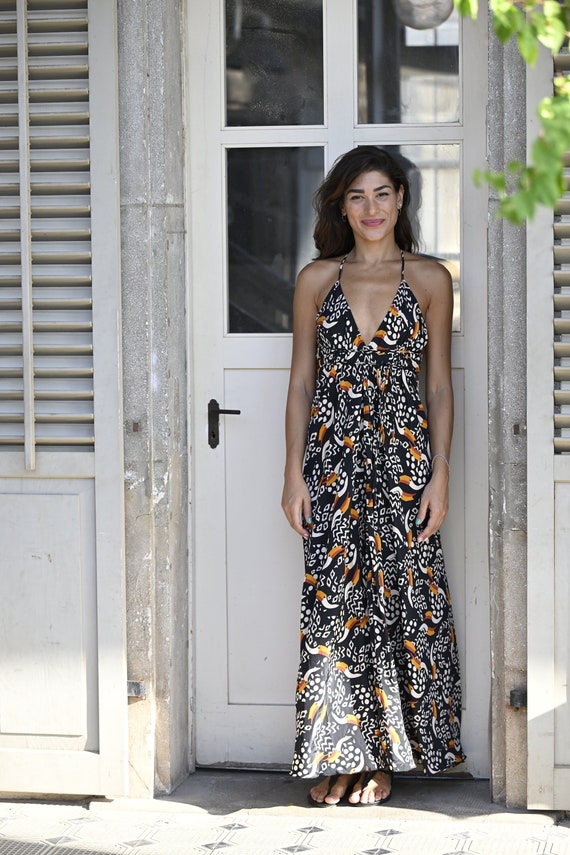 slip on summer dresses boho dress in tropical print | Backless Black deep v neck | Resort | Rave this dress delivers exceptional comfort for all Lenago Summer Dresses for Women