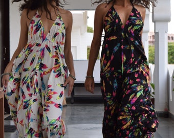 feather print open back dress/black maxi dress/white dress/summer dress/bohemian dress/boho dress/festival clothing/hippie clothing/resort