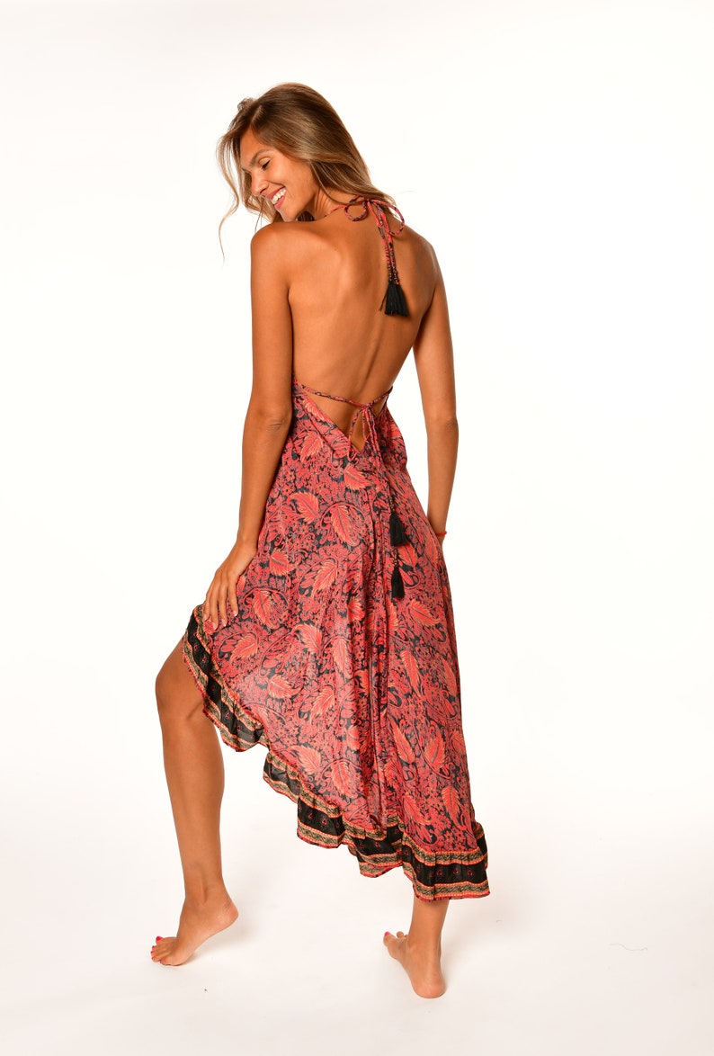 Robe boho rose asymétrique Robe courte et à collerette Robe croisée Robe de style hippie à dos ouvert de robe Peacok Fit et flar image 4