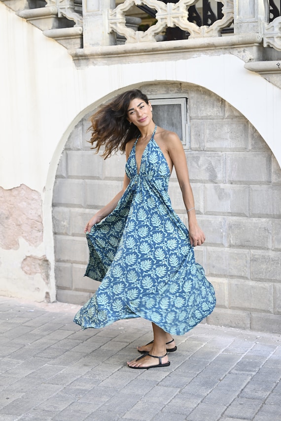 Long Boho Summer Halter Dress in Beautiful Leafs Print Etsy Australia