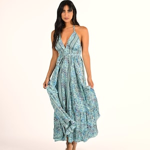 Women's boho summer dress | Halter dress | Green bohemian dress | Open back maxi dress | Maternity dress | Prom dress | Backless | Wedding