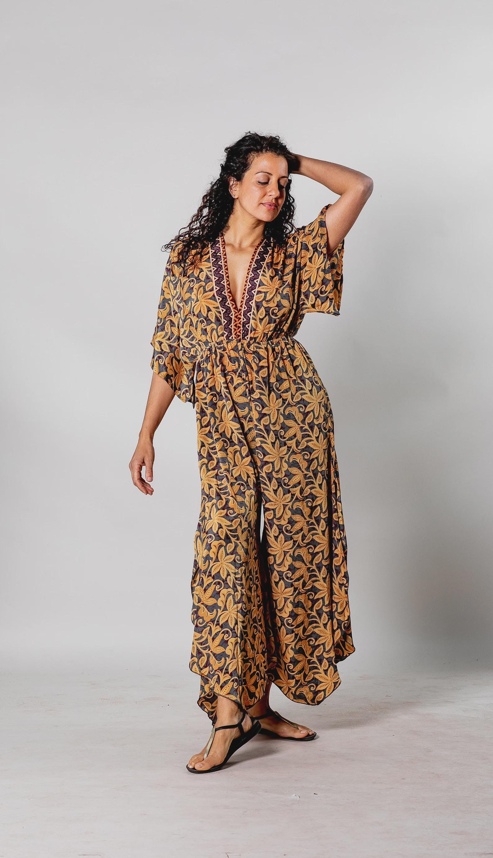 Boho Print Wide Leg Jumpsuit ZYXTIM Women's Boho Floral Print Wide