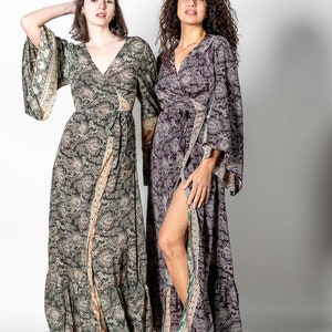 Wrap around maxi dress in floral print Green maxi dress Gray-purple bohemian long kaftan with bell sleeves Deep v neck Maternity rave image 7