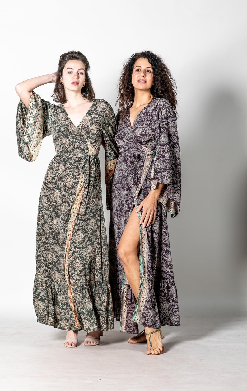 Wrap around maxi dress in floral print Green maxi dress Gray-purple bohemian long kaftan with bell sleeves Deep v neck Maternity rave image 7