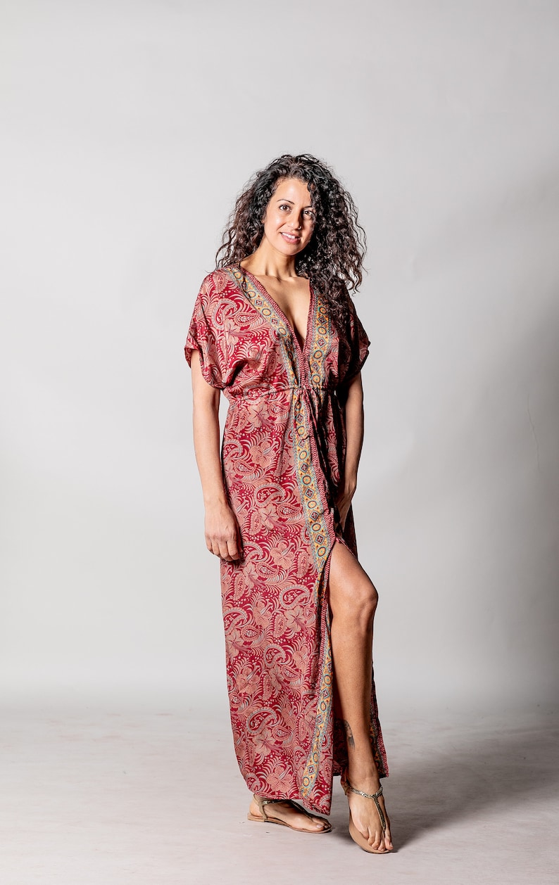 Robe caftan rouge pour femme Robe maxi bohème sexy Longue galabie Robe bohème à manches courtes Robe fendue Robe RAVE dos ouvert hippie image 5