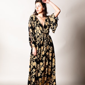 Black maxi dress for woman with long sleeves | Bohemian dresses | Floral long dress | Deep v neck | Wrap around neck | Evening dress kaftan