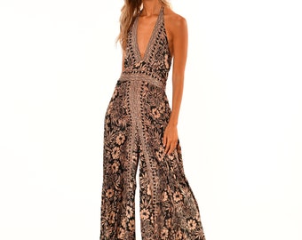 Long boho wide leg mono | Woman's summer jumpsuit | Black overall for woman | Open back one piece hippie style overall