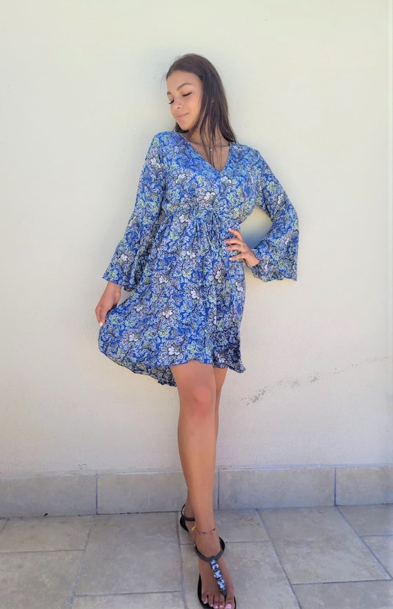 long sleeve summer dress short Summer Sexy Pleated Ruffle Long Sleeve Peplum Slim Breathable V-Neck Casual Cotton Sweet Women Floral Print Short Dress - Dress and Women Dress price
