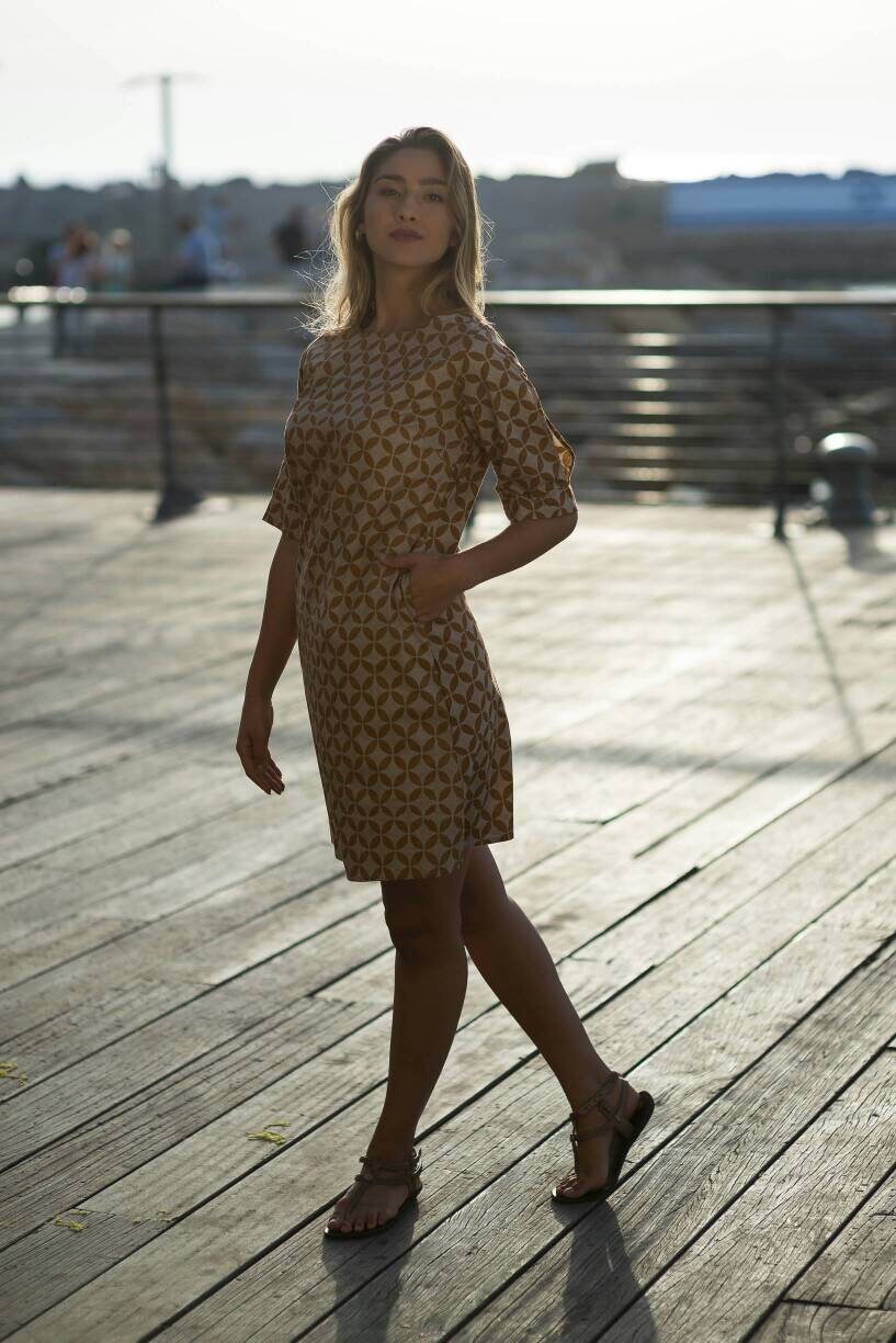 Cotton mini dress with sleeves for woman, casual dress, modest dress, short summer dress, natural fabric, dress for the office, pockets