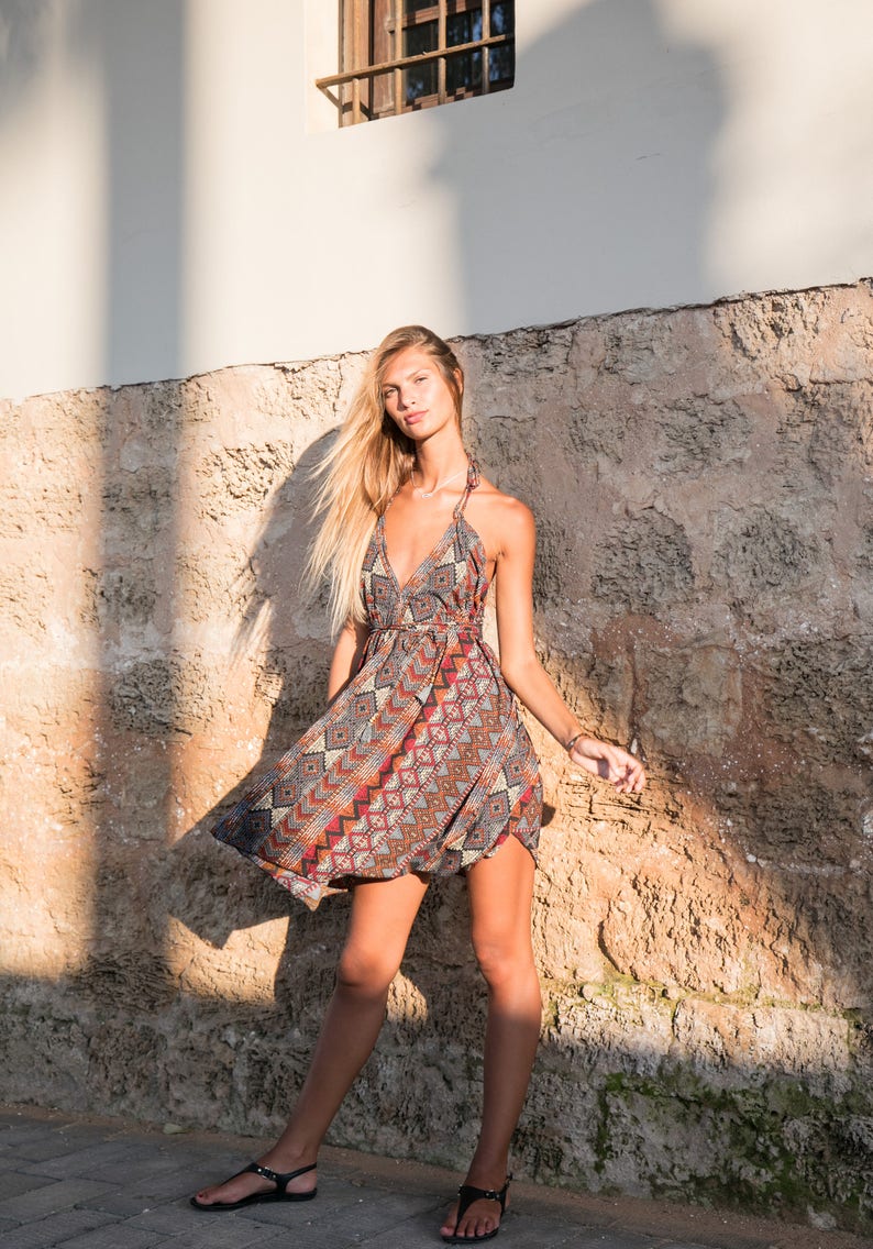 boho short dress/women's summer dress/tribal print/open back dress/festival clothing/bohemian dresses zdjęcie 1