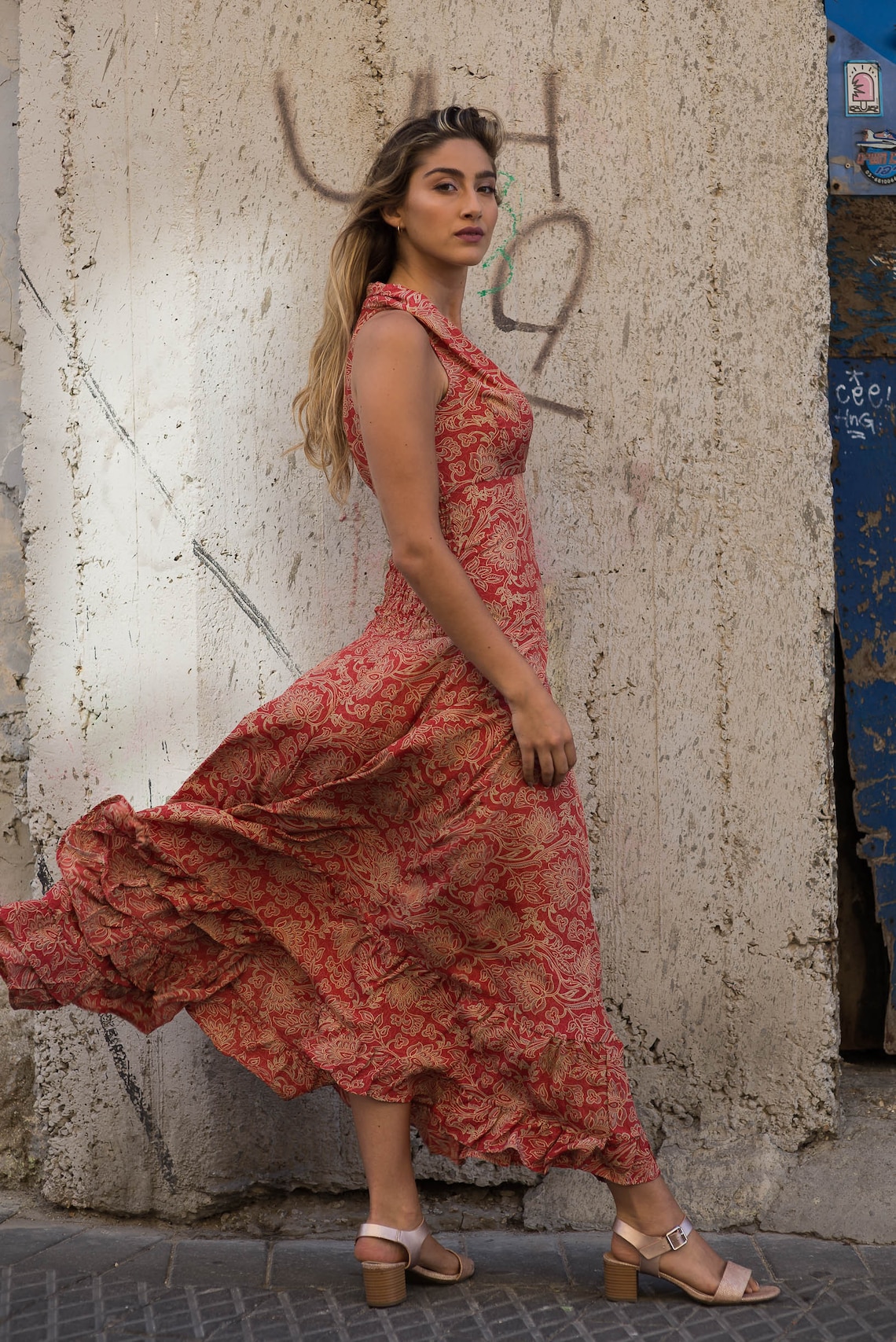 Women Coral Floral Printed Round Neck A-Line Dress