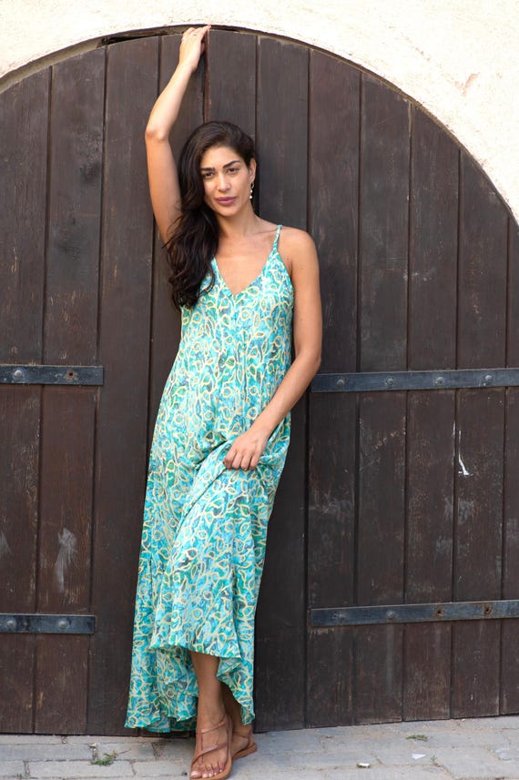 ladies loose summer dresses Turquise Slip Boho Long Dress for Women | Floral Dress | Spageti Straps Flowy Dress | A Shape Beach, Vacation, Casual Bohemian casual summer loose dress