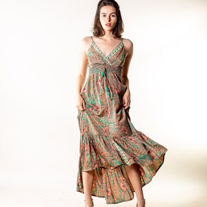 Asymmetric summer boho dress for woman | Red / Green floral dress | Frill dress | Dress for vacation, Festival, dance, Rave, Bridesmaid