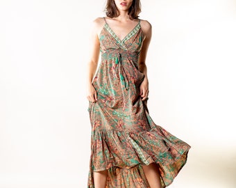 Vestido bohemio asimétrico de verano para mujer / Vestido floral rojo / verde / Vestido con volantes / Vestido para vacaciones, festival, baile, rave, dama de honor