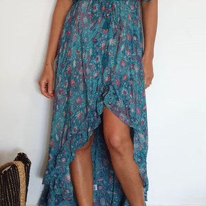 Asymmetrical boho summer dress for woman Green / Blue floral dress Hippie fesrtival dress for vacation. Long boho dress with sleeves image 10