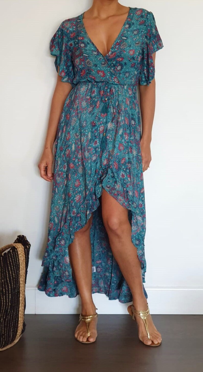 Asymmetrical boho summer dress for woman Green / Blue floral dress Hippie fesrtival dress for vacation. Long boho dress with sleeves image 10