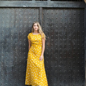 long yellow dress for woman with floral print/summer dress/dress with sleeves/slits dress/casual dress/bohemian dresses image 2