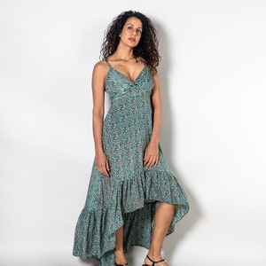 Green floral A-symmetric dress | Open back dress | Hippie summer dress | Backless floral dress | Midi length dress | Dress for vacation rave