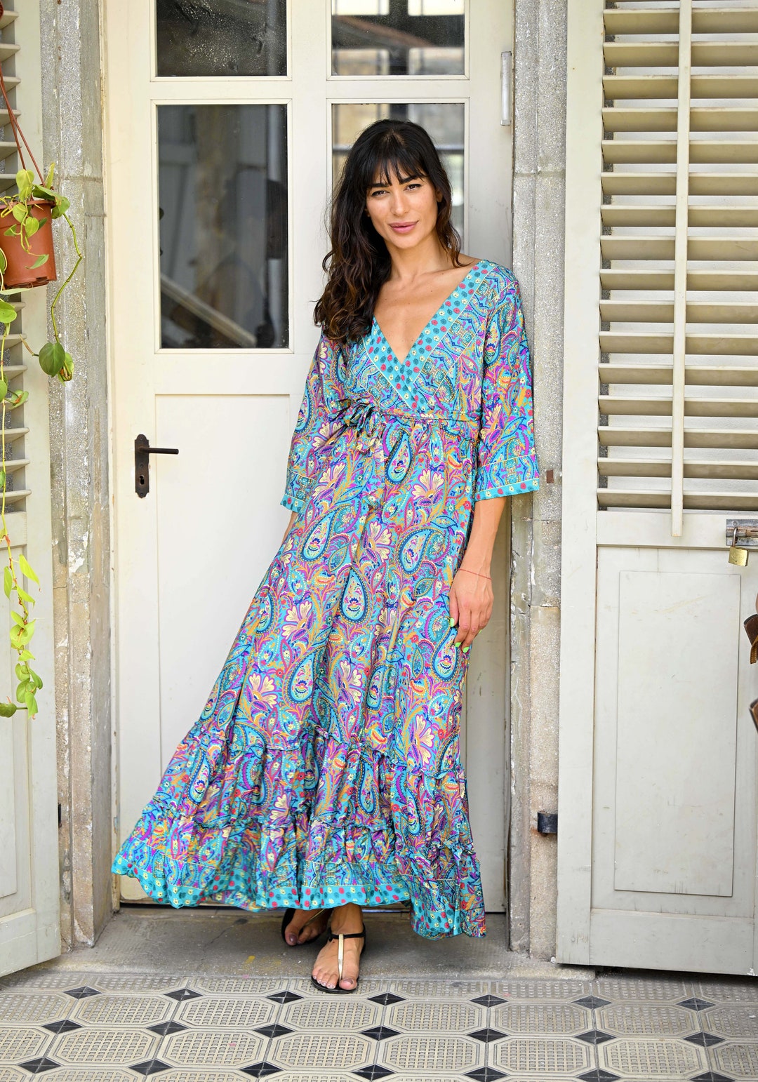 bohemian casual print v-neck waist wrap long dress Elegant V-neck Boho Chic Floral Print Dress | Open Back Summer Dress |  Wedding Guest Dress | Long Maxi Dress | Kimono Dress | Kaftan Dress
