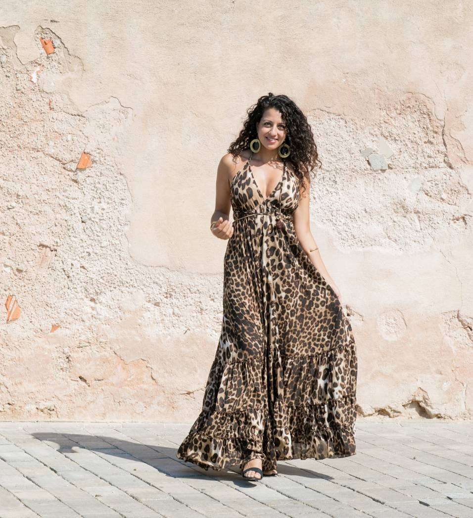 boho leopard print dress Women's Boho Leopard Print Ruffle Long Sleeve V Neck Casual Flowy Party Maxi Dress
