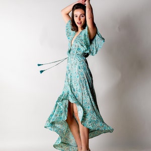 Asymmetrical boho summer dress for woman Green / Blue floral dress Hippie fesrtival dress for vacation. Long boho dress with sleeves image 4