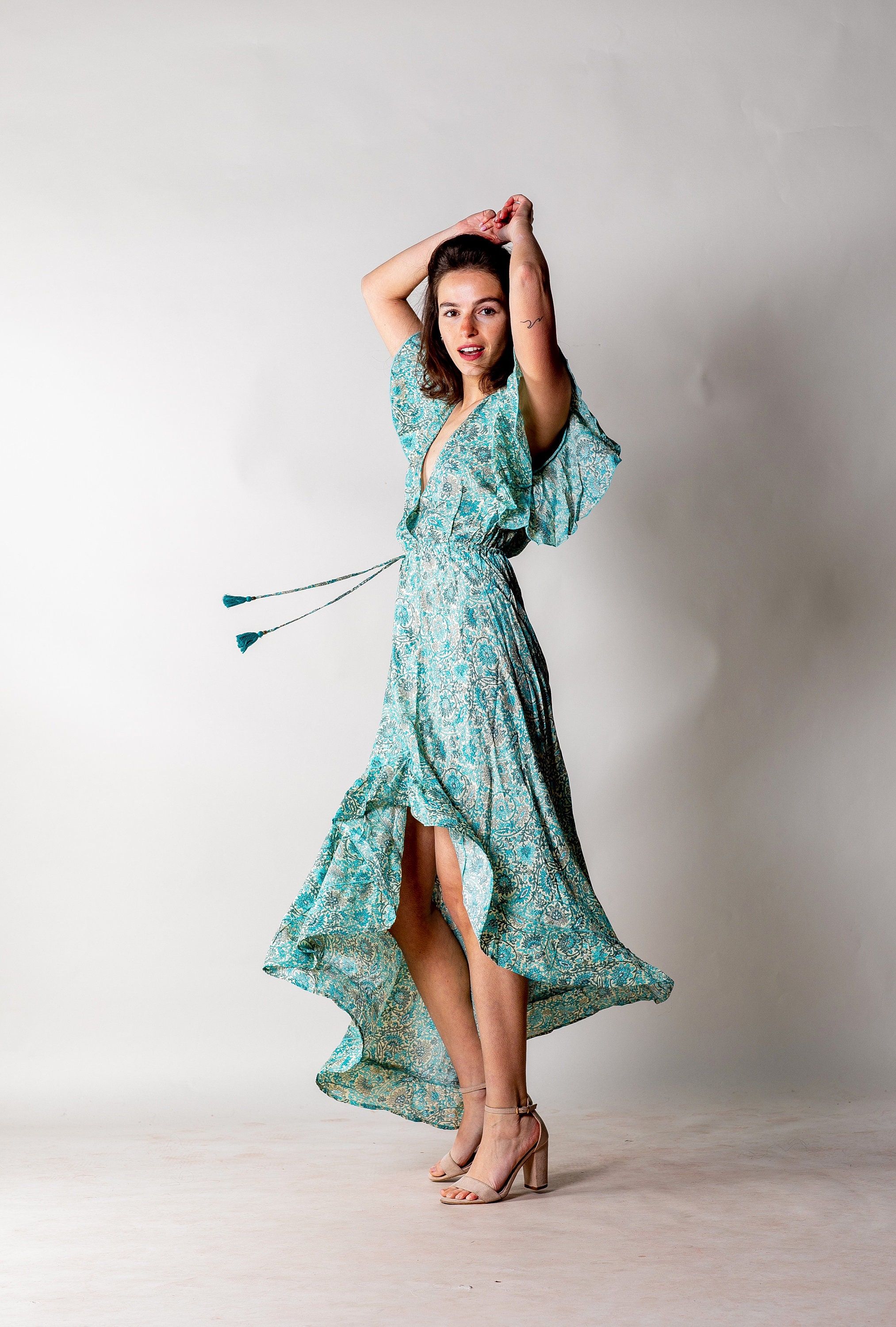 blue and green summer dress Green And Blue Abstract Printed Strappy Wrap Top High Low Frill Hem Midi Dress 16