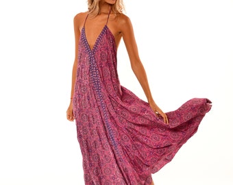 Long pink and purple silk dress | Boho open back maxi dress | Vacation, Prom Festival Evening and day halter dress | Loose slip dress E83