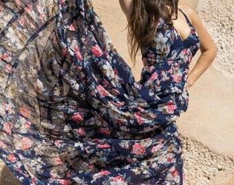 boho floral maxi dress/open back dress/pom pom/floral print/summer bohemian dress