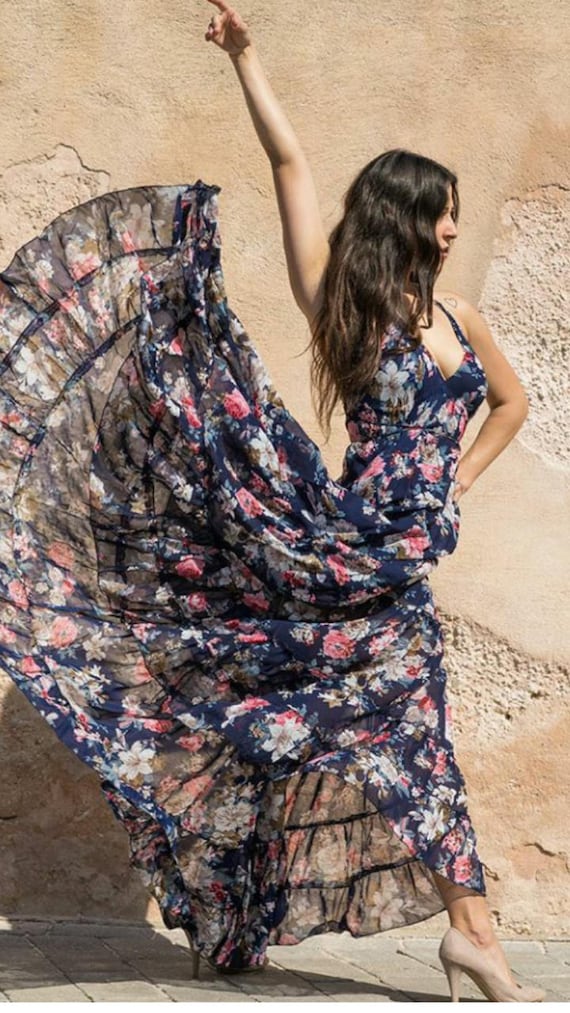 Boho Floral Maxi Dress/open Back Dress/pom Pom/floral Print/summer