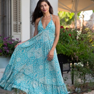 Green long backless dress for women | Boho maxi open back dress in floral print | Dress for vacation