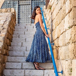 Long blue  halter dress blue floral print | Boho maxi dress for woman with open back | Frill dress | Backless dress |Long summer dress