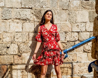 Wrap around off the shoulder short dress, Red summer dress for woman, Frill dress, Floral print mini dress, Bohemian short dress