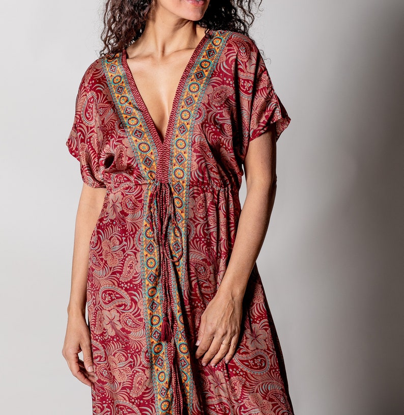 Robe caftan rouge pour femme Robe maxi bohème sexy Longue galabie Robe bohème à manches courtes Robe fendue Robe RAVE dos ouvert hippie image 10