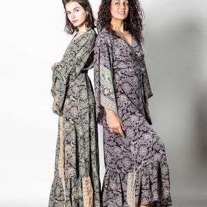 Wrap around maxi dress in floral print Green maxi dress Gray-purple bohemian long kaftan with bell sleeves Deep v neck Maternity rave image 6