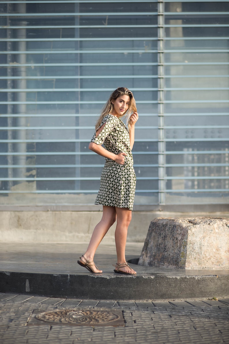 pockets Cotton mini dress with sleeves for woman casual dress short summer dress dress for the office natural fabric modest dress